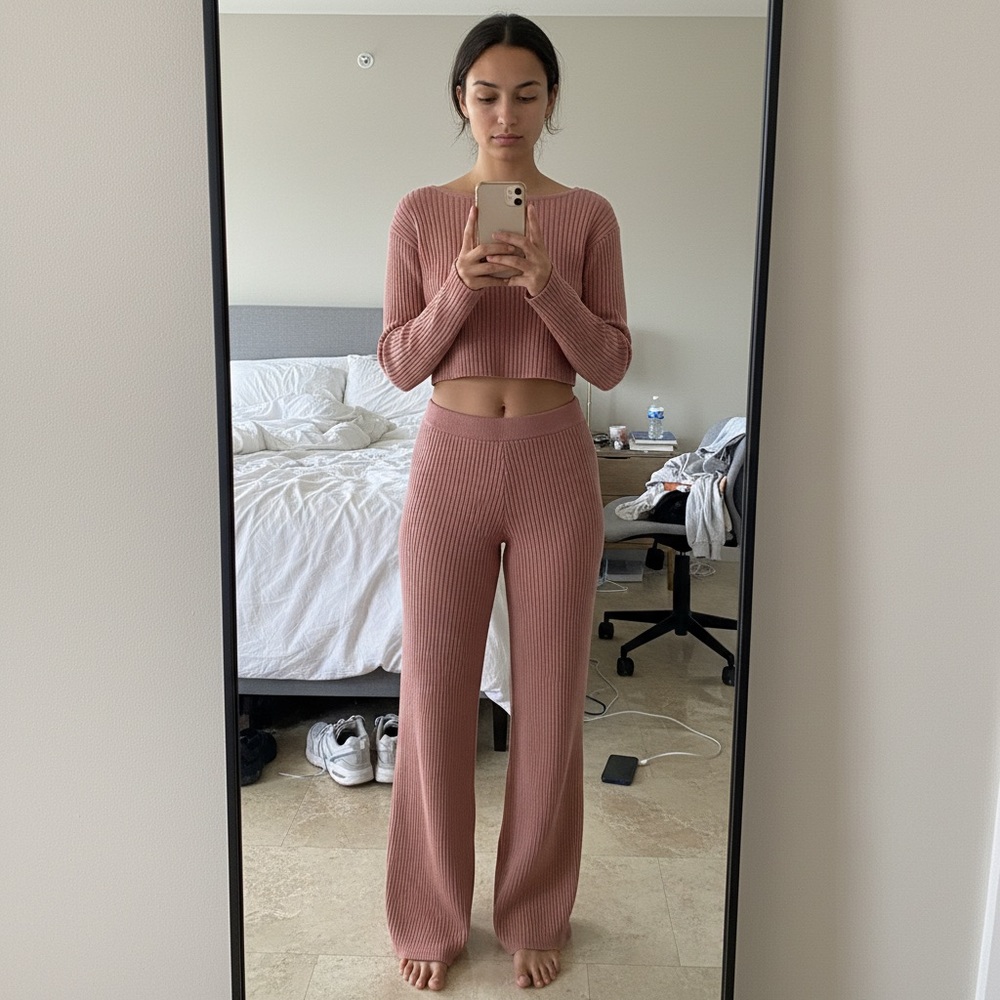 Pink Rose Ribbed Knit Wide Leg Set in Mauve Bloom.